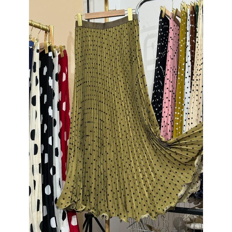 High Waist Polka Dot Long Skirt for Women Elegant Boho Beachwear Big Hem Ruffled Pleated Loose Fit  Style