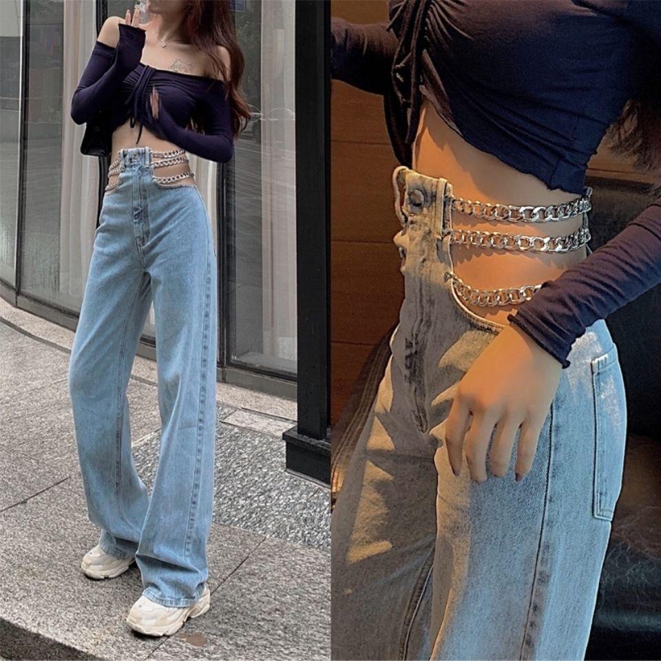 

2025 Summer High-Waisted Chain Detail Wide-Leg Pants XS (70-80 Jin) світло-синій колір