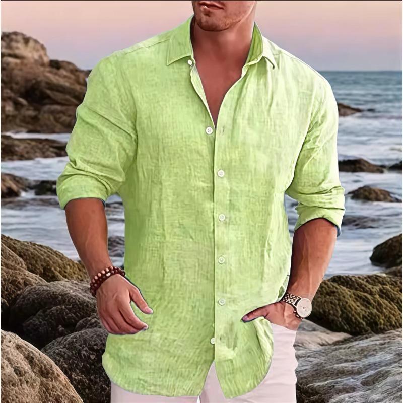 Camicia da uomo in lino a maniche lunghe con bottoni e colletto rovesciato, polsini arrotolabili, vestibilità ampia, casual, per uso quotidiano, all'aperto, da spiaggia