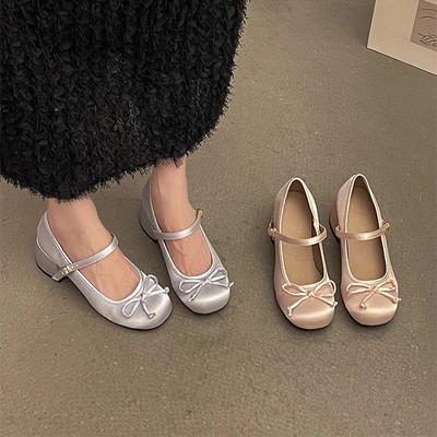 Single Shoes Women's 2025 Summer Buckle with Platform Satin Ballet Shoes Bow Thick Heel Mary Jane with High Heels
