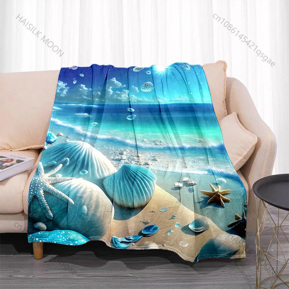 1PC Blue seashells waves beach Print Adult Children Warm Blankets Home Travel Car Soft and Comfortable Suitable for all seasons