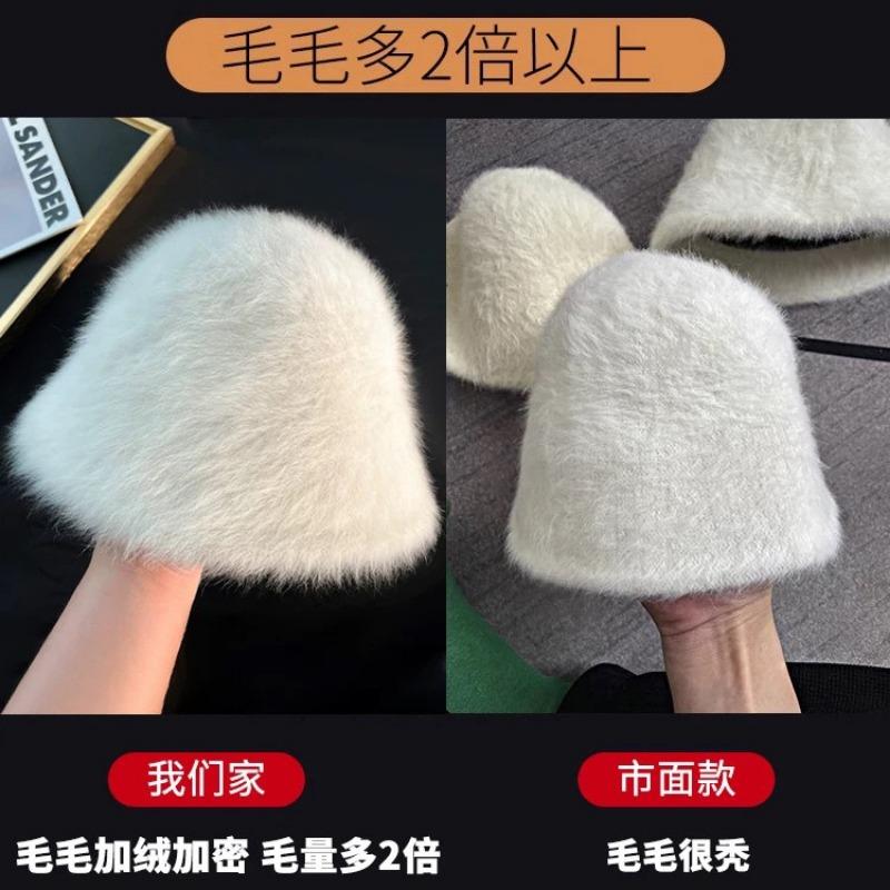 Rabbit fur bucket hat women's autumn and winter plush hat big head circumference showing small face warm hairy hat bucket hat