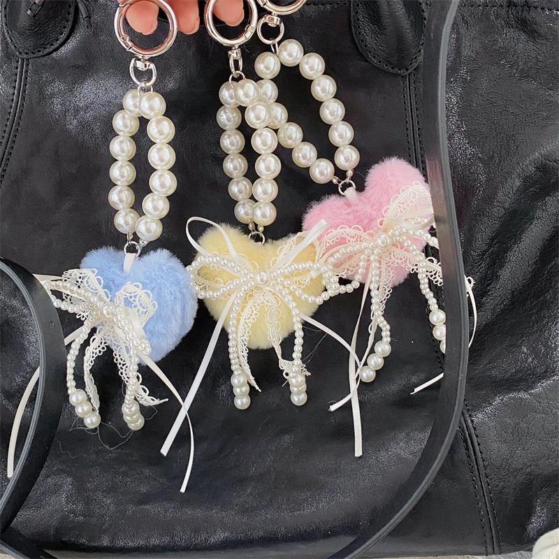 Cute Sweet Plush Heart Love Lace Bow Pearl Chain Keychain Pendants Backpack Charm Bag Hanging Ornaments Girly Phone Chain Gifts