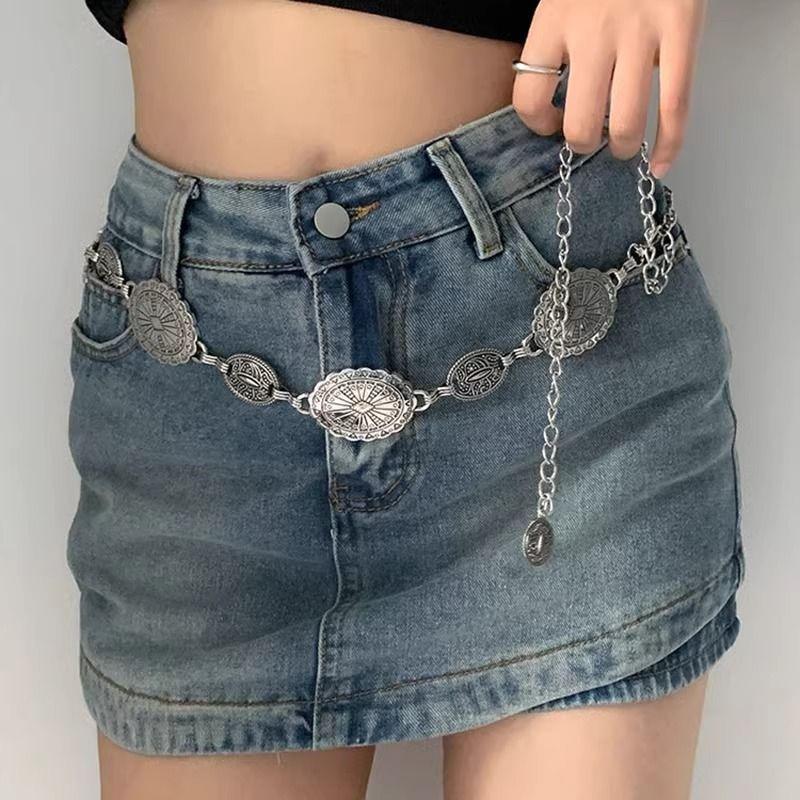 Damen Metall Hüftkette im Vintage-Stil Damen Geschnitzt Dekorative silberfarbene Metallkette Gürtel mit Rockgürtel für Damen AB001