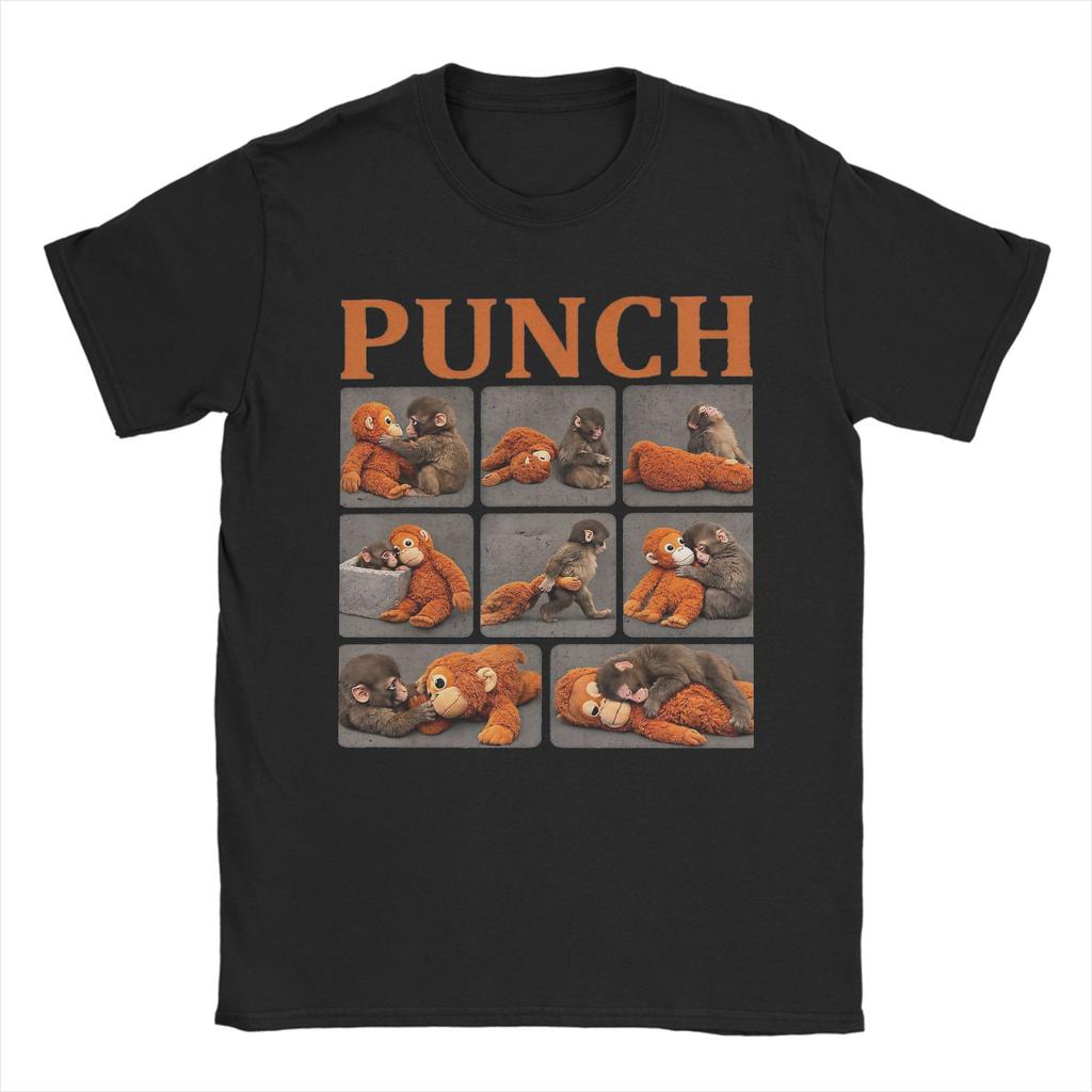 Men Women Printed Team Punch Punch the Monkey Baby Monkey Holding Plush Toy Tee T Shirt Pure Cotton Tshirts Clothes