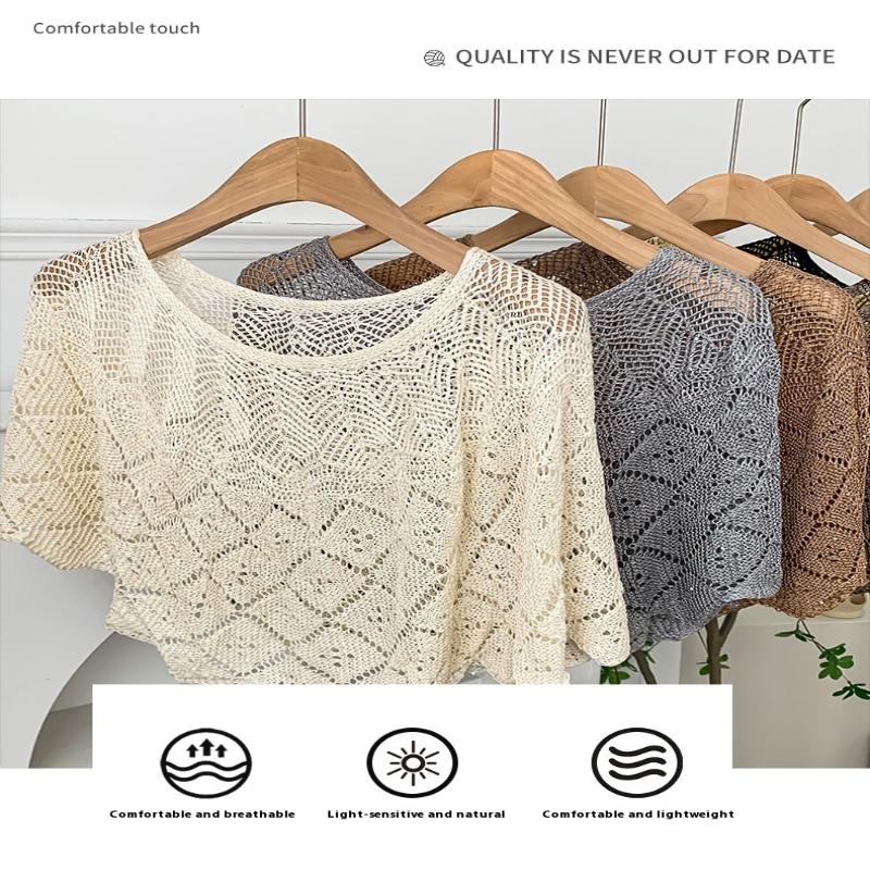 Ladies Knitted Ice Silk Shawl Summer Lightweight Hollow Out Design Fashionable Sequin Shoulder Cover Head Over Shoulder Wrap