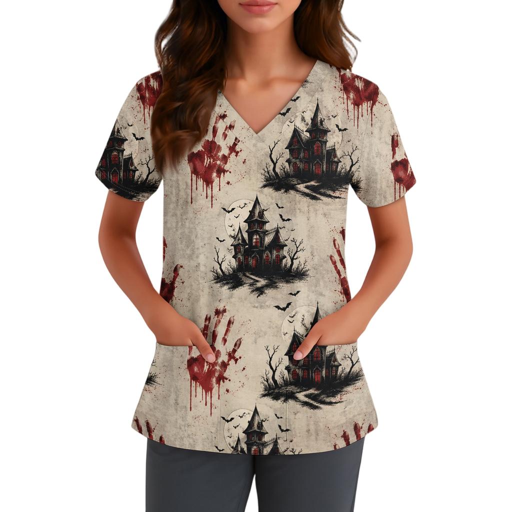 Haut d'uniforme médical à manches courtes et col en V pour femme avec poches Chapeau de sorcière d'Halloween et imprimé Uniforme de travail pour infirmière aide-soignante