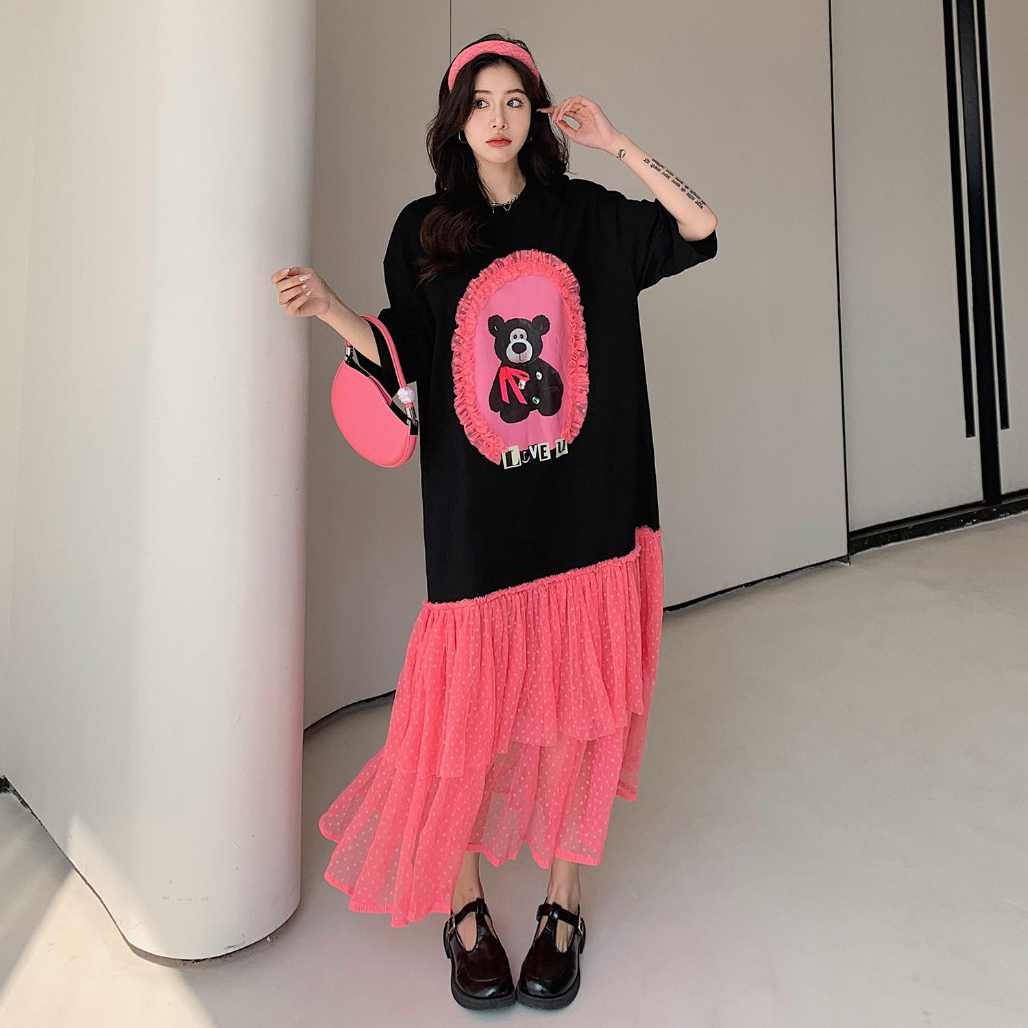 

DIMANAF 2024, летнее платье-футболка больших размеров, женское свободное платье с круглым вырезом, винтажное хлопковое повседневное платье с мультяшным принтом, длинное платье с короткими рукавами 4XL чёрный