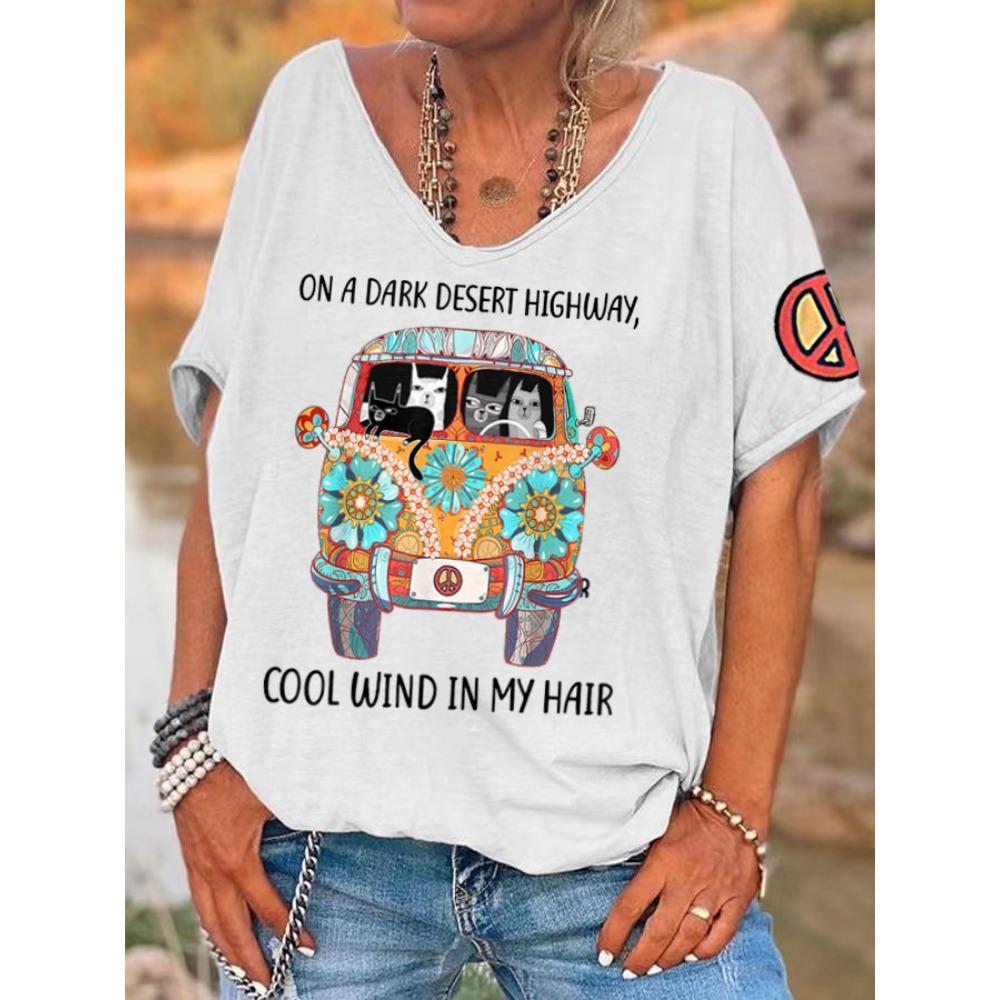 Hippie Damen V-Ausschnitt T-Shirt Sommer Strand Kurzarm Oberteile Lässig Locker Druck T-Shirts