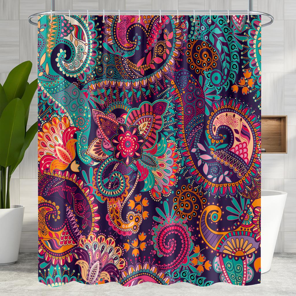 Bohemian Mandala Shower Curtain Set - Woven Polyester Fabric, Waterproof, Includes 12 Hooks, Machine Washable