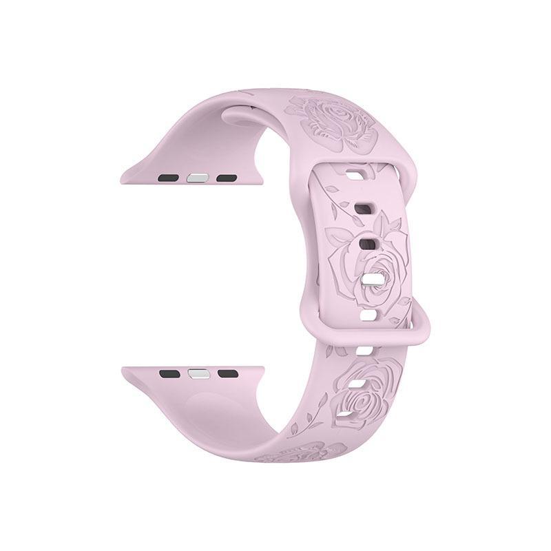 Apple Rose Pattern Silicone Watch Strap for 9th Gen Apple Watch, Laser Engraved Design with Eight-Shaped Buckle