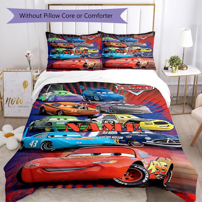 3pcs Custom Name Cars Bedding Set Duvet Cover Closure Includes 1 Duvet Cover & 2 Pillowcases, Soft and Comfortable for All Seasons.