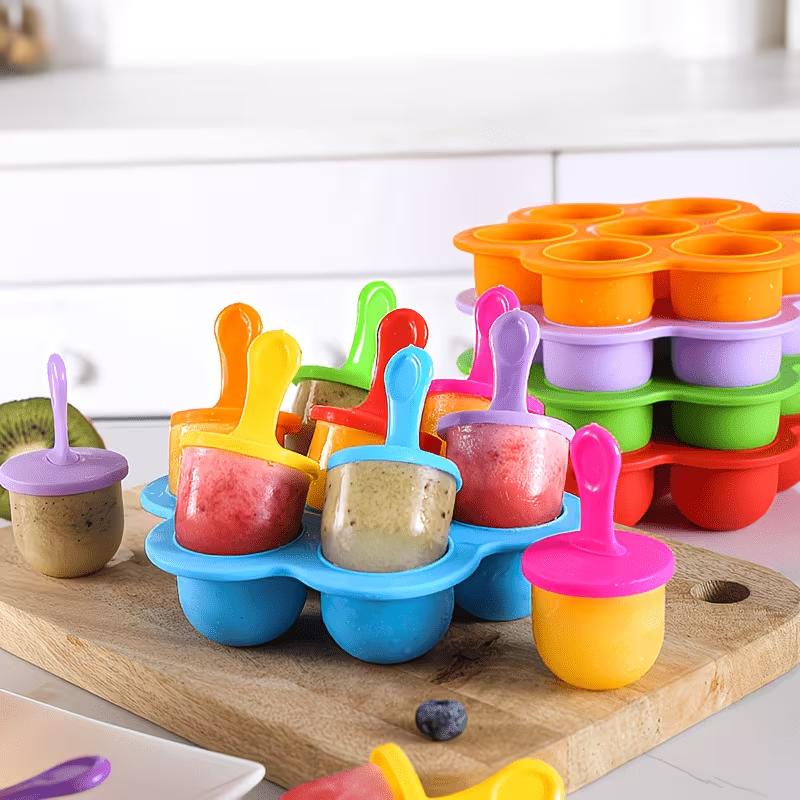 7-Cavity Silicone Ice Cream Mold Popsicle Maker with Handles Drip Tray DIY Food Grade Reusable Ice Pop Mold for Homemade Ice Cream, Juice, Smoothies