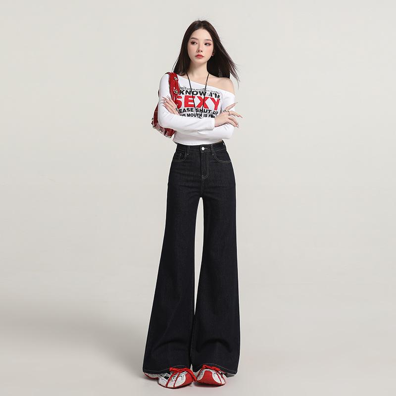 White non-stick leg slightly pulled jeans women's spring and summer new high-waisted loose and thin wide-leg flared pants
