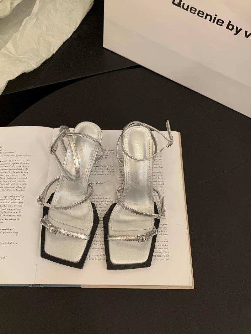 

High-heeled one-word sandals women s shoes 2025 new summer black temperament celebrity stiletto shoes 39 серебряный