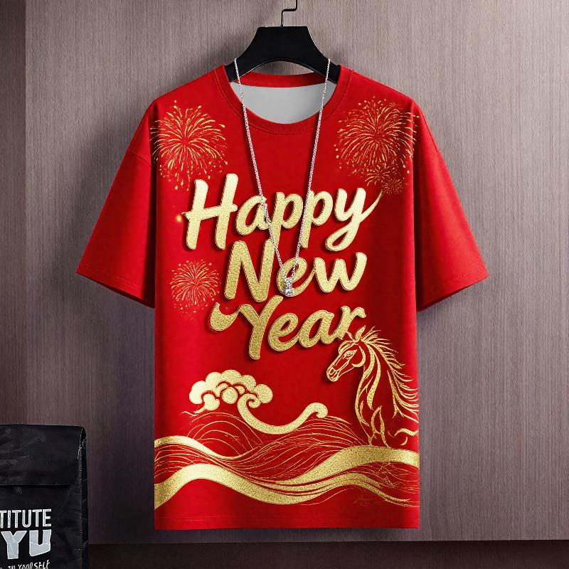 Men's T-shirt Simple Loose O Neck Horse Year Red Interesting Pattern Summer Fashion Casual Versatile Loose 3d T-shirts