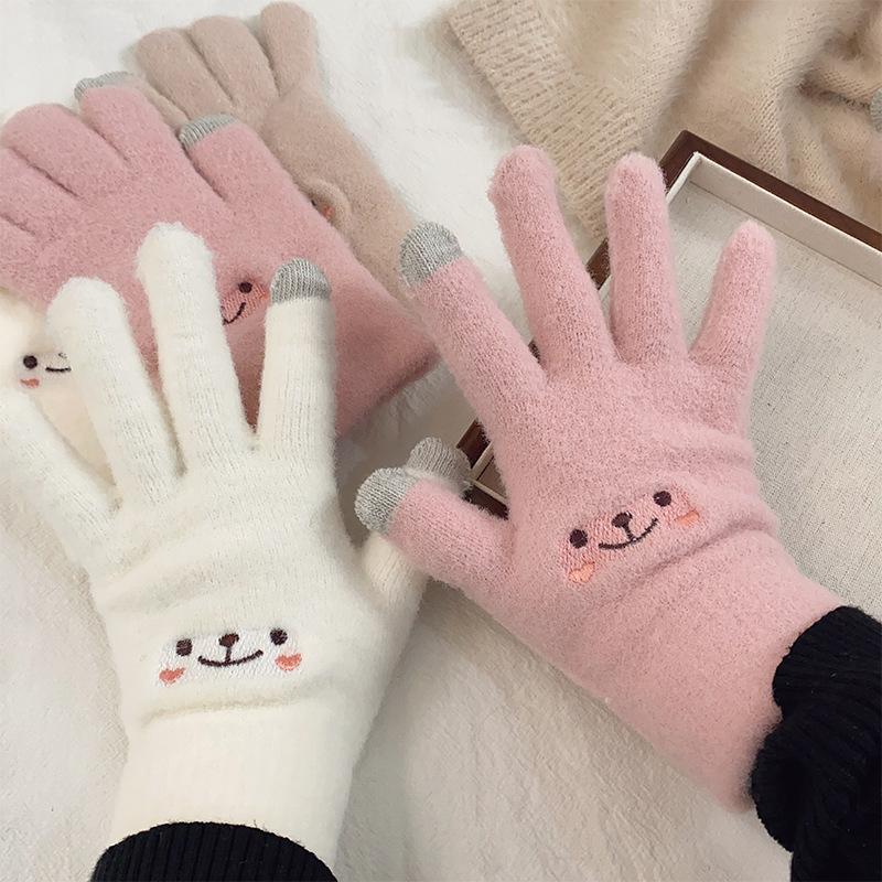 Autumn and Winter Five-finger Gloves with Smiley Face, Touchscreen-friendly, Cute Cartoon, Anti-cold, Plush and Warm