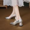 Silver thick heel Mary Jane shoes female French square head temperament high heels fairy style word belt single shoes spring new