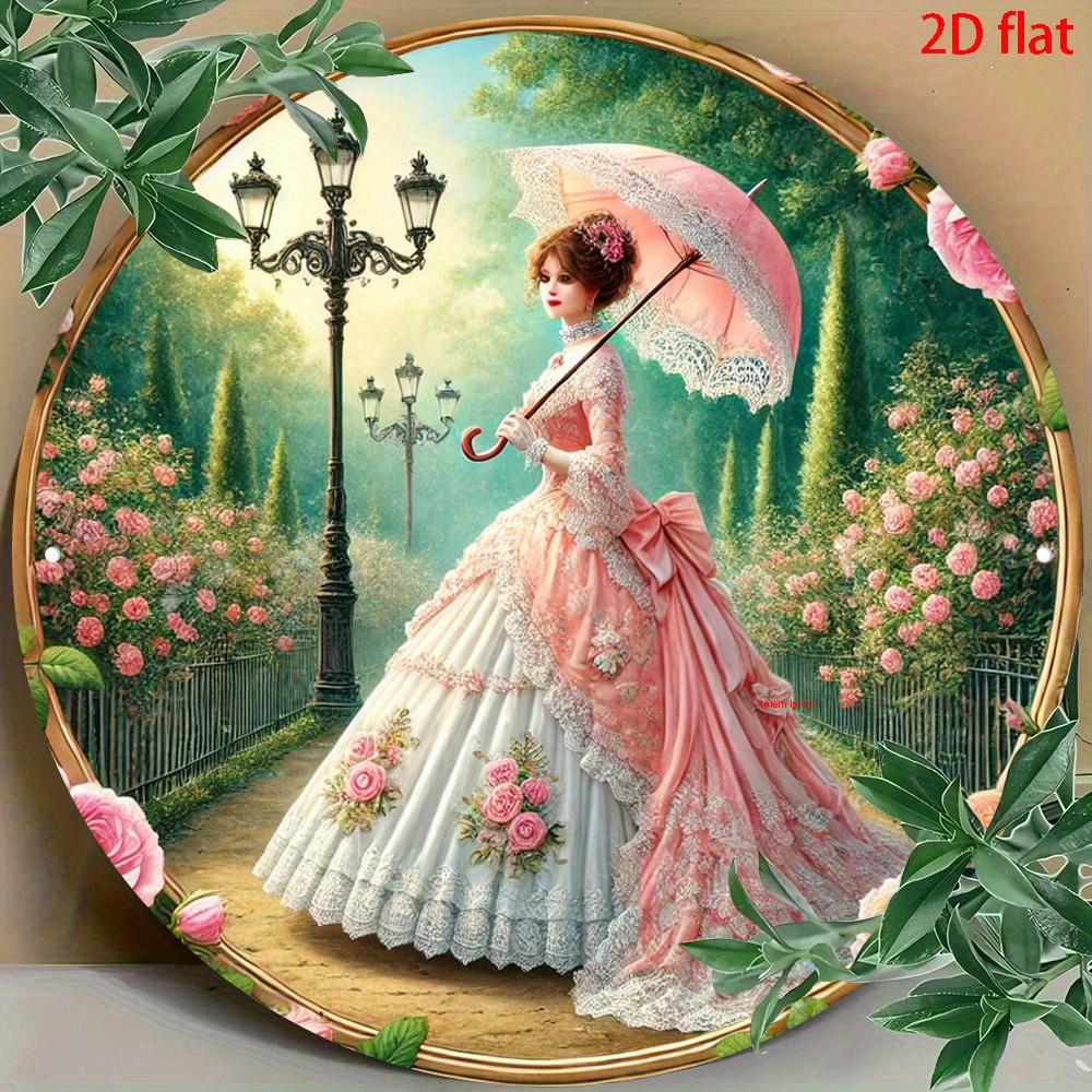 D Flat pc Elegant Victorian Lady in White Pink Dress Vintage Aluminum Wall Sign cm Round Plaque SpringThemed Flora