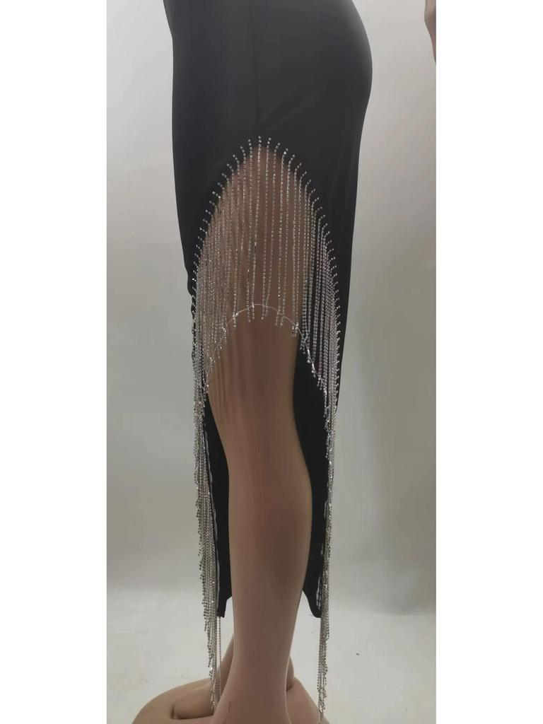 2024 Strass Quasten Bandagenkleid - Einfarbiges V-Ausschnitt Trägerkleid