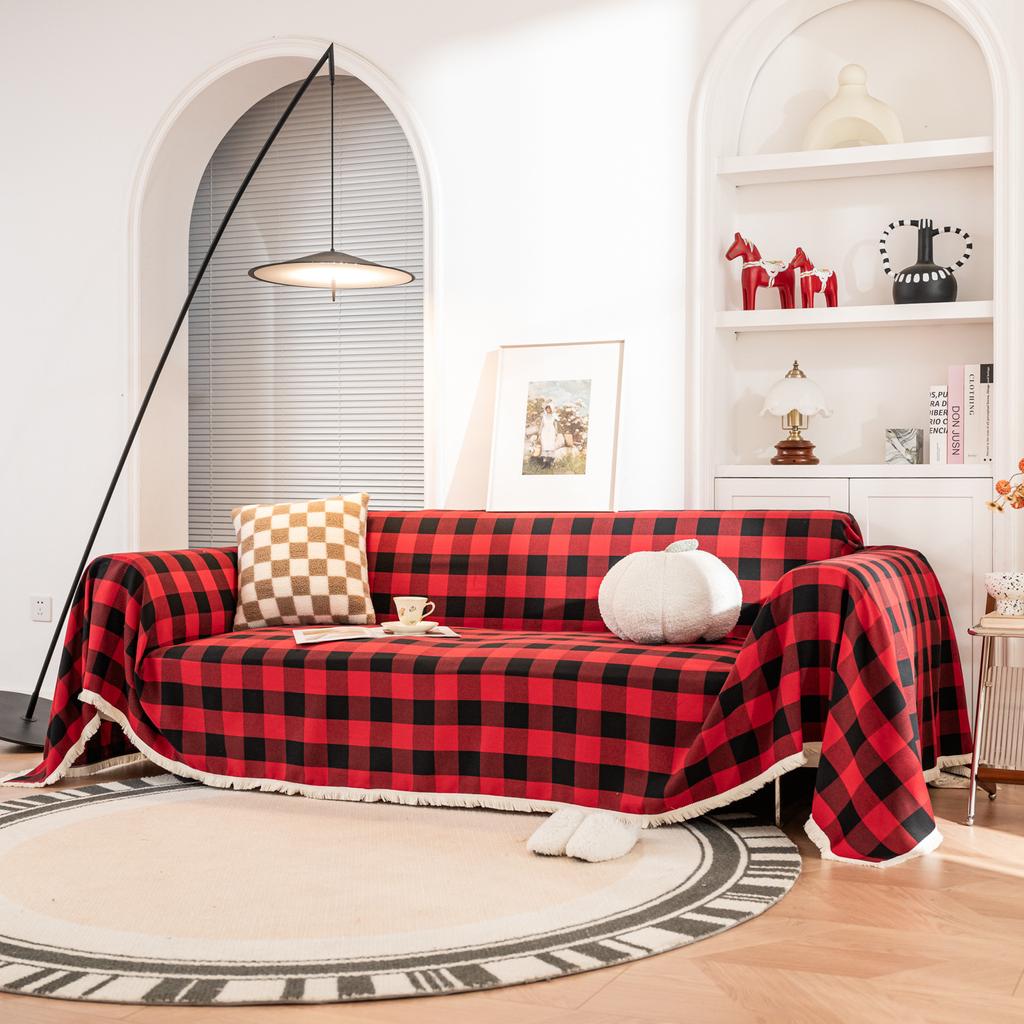 Christmas Sofa Cover Plaid Slipcover Couch Cover Grid Living Room Pet Bed Chair Soft with Tassel Washable Towel Throw Blanket