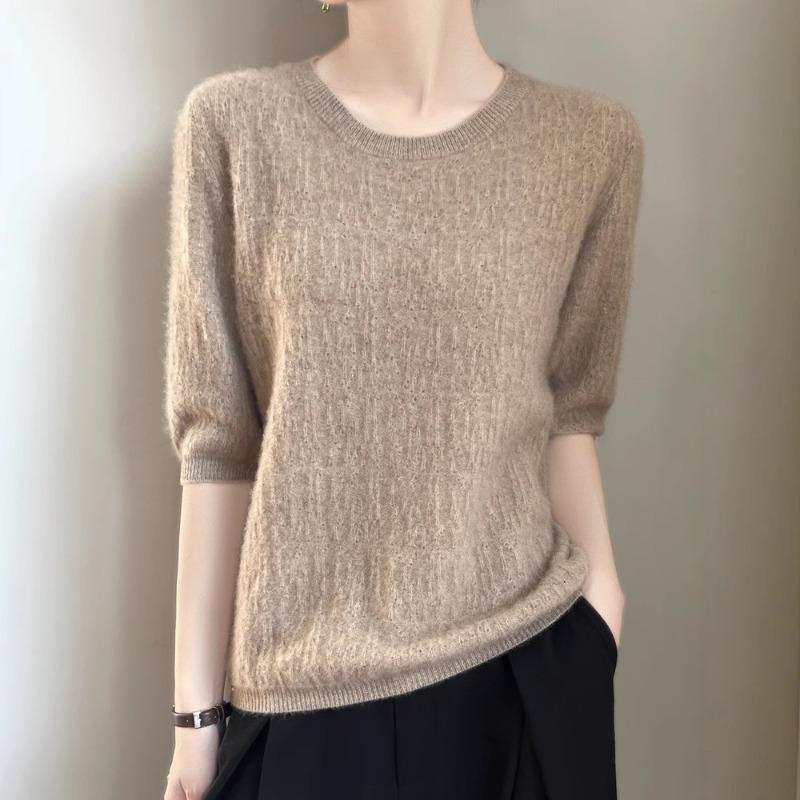 Spring New Knitted Sweater Women's Short-sleeved Crew Neck Pullover Carved Thin Five-quarter-sleeved Top Large-size Bottoming Shirt