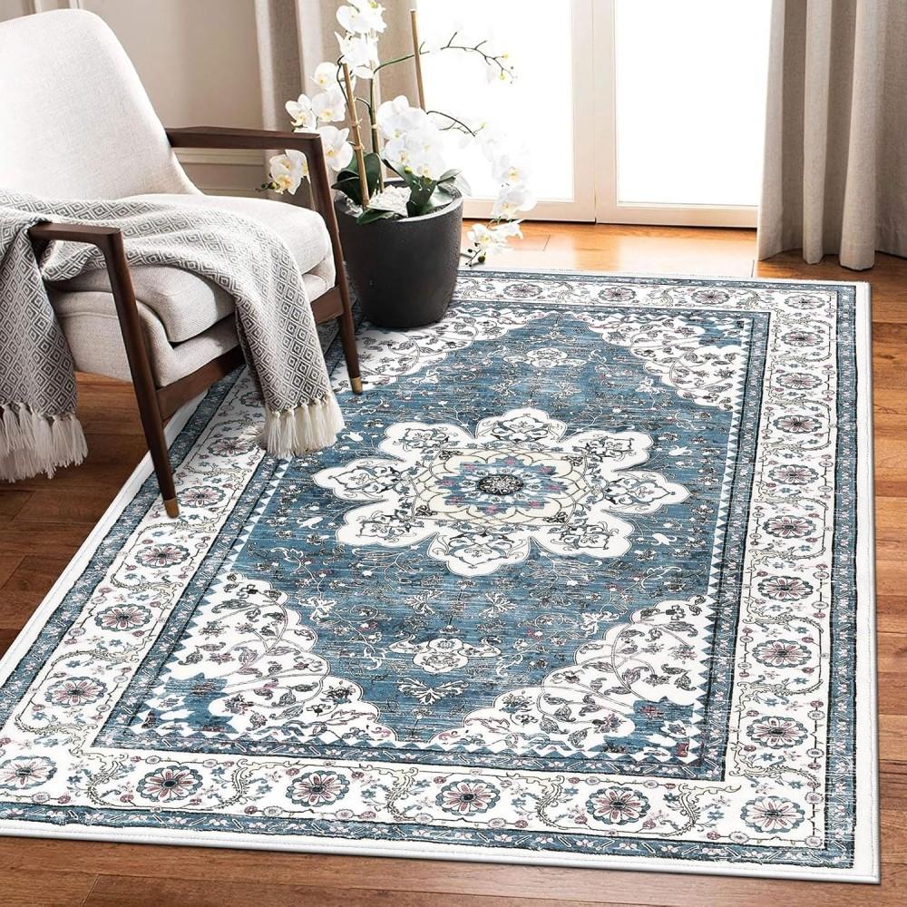 Bohemian Vintage Area Rug Machine Washable Carpet Non-Slip Living Room Floor Throw Rug for Bedroom Dining Room Kids Playroom Mat
