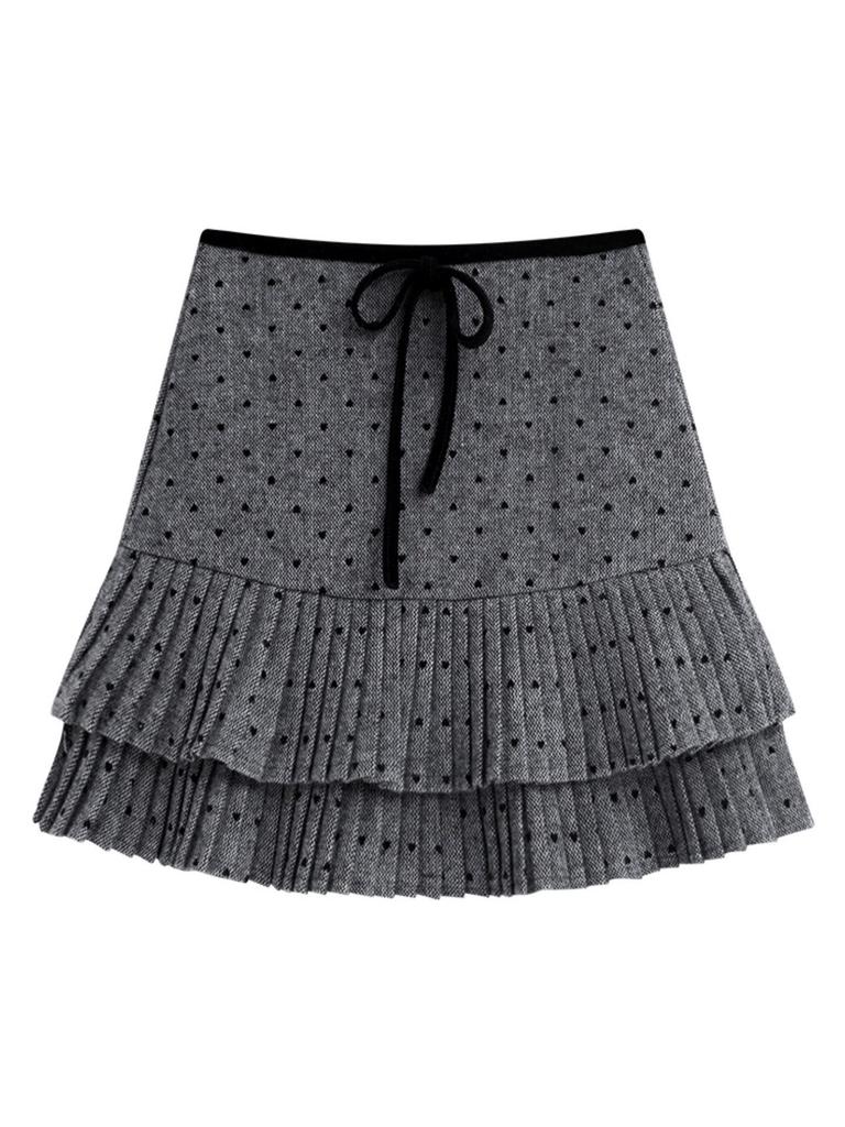 Women's Plus Size Grey Polka Dot Knit Wool A-Line Pleated Short Skirt with High Waist