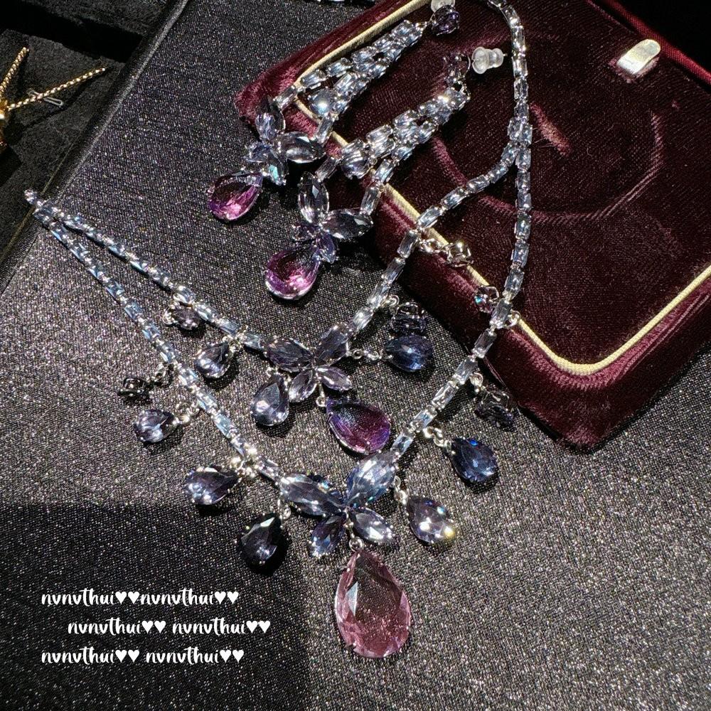 Vintage Peacock Purple Butterfly Multi-Layer Necklace Vintage Gradual Change Purple Butterfly Water Drop Earrings Set