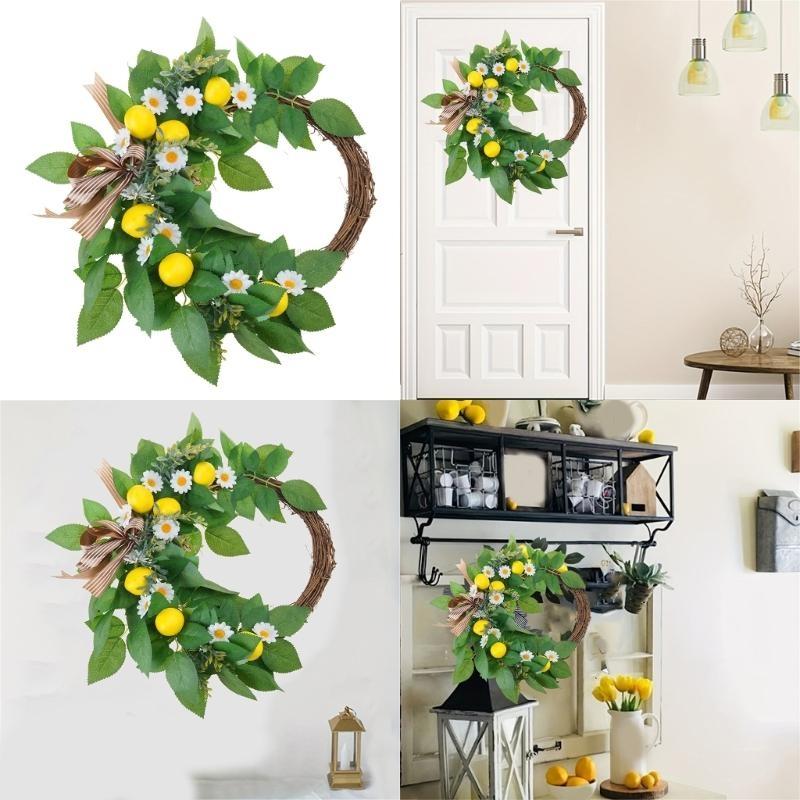 Artificial Flower Wreath with Lemon for Front Door, Spring Wreath for Front Door