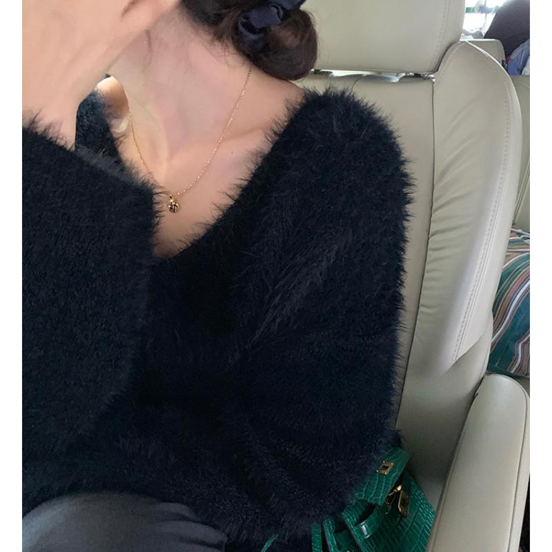 Fashion New Plush V-neck Pullover Sweaters for Women Autumn and Winter Loose Fit Mink Fur Casual Knitted Sweater Women Soft Warm Vintage Jumper 25778