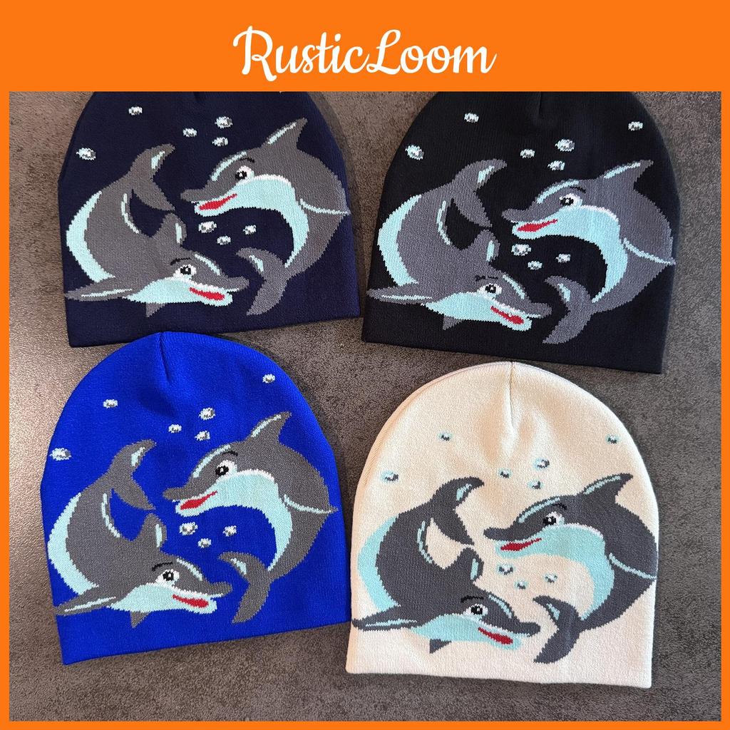 Acrylic Knit Hat With Cartoon Dolphin Embroidery Design For Daily Cold Seasons