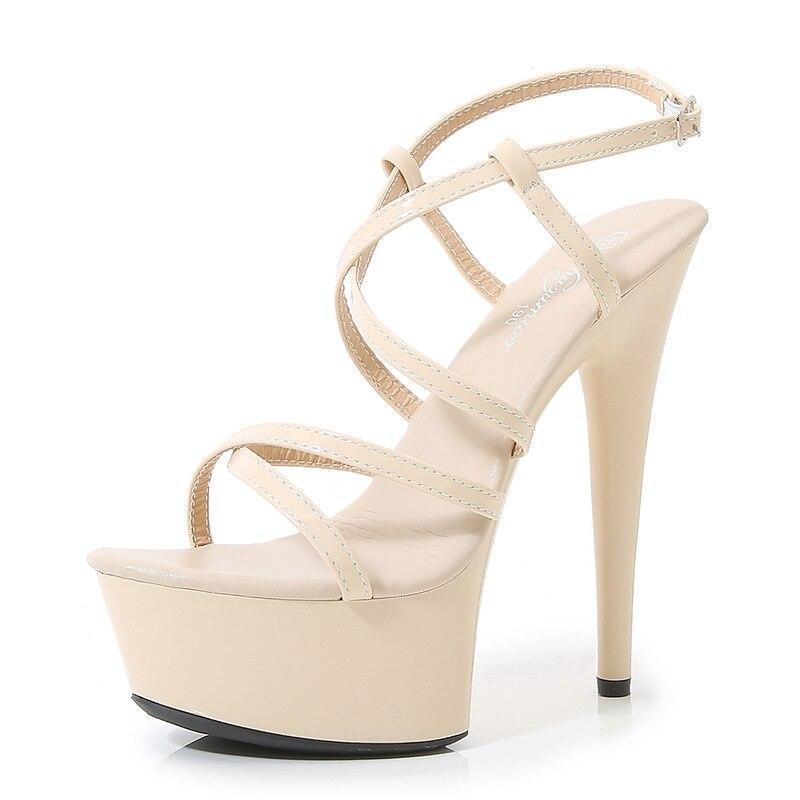 Damen Beige Rote Kreuz Krawatte 15cm Absatz Hohe Wasserdichte Plateausandalen Tanzschuhe LFD-8661-55
