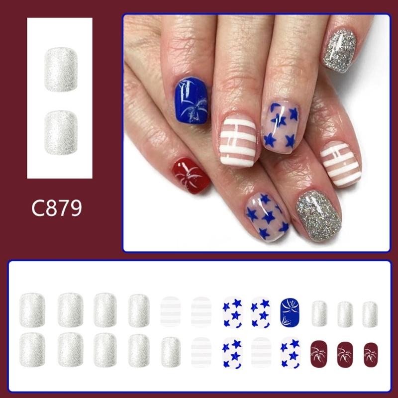 Square Press on Nail 4th of July Fake Nail Independence Day Glues on Nail Patriotic False Nail Full Cover Fake Nail