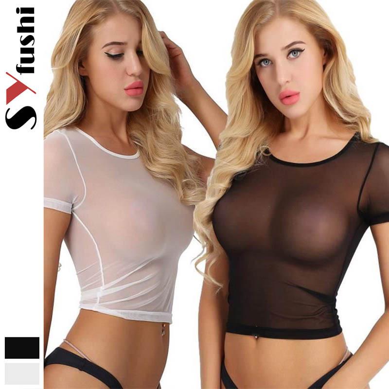 Sexy Sheer Short Sleeve Mesh Crop Top Pajamas