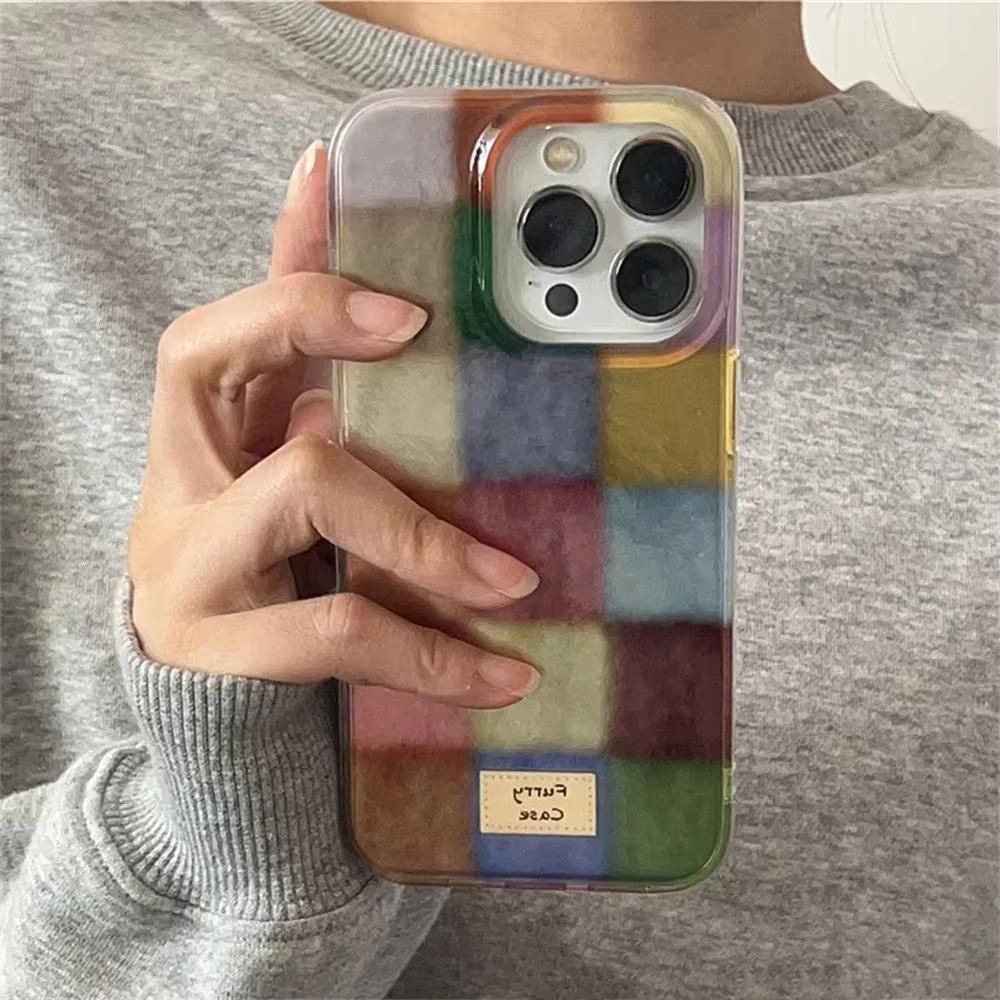 

Милый чехол Dopamine Color Block Match Plaid Clear Case для iPhone 16 15 14 13 12 11 Pro Max XS XR X SE 7 8 Plus клетчатый мягкий чехол IPHONE14PLUS