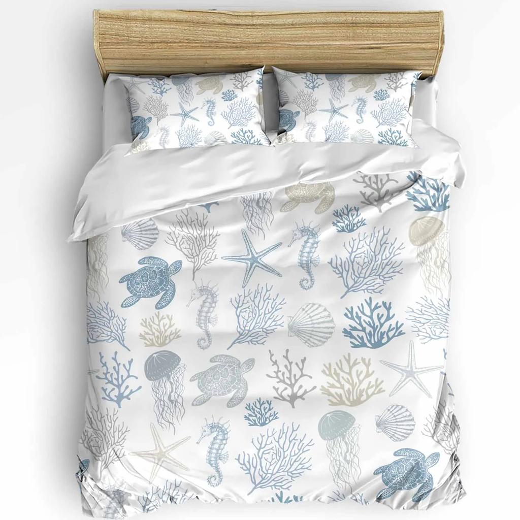 Nautical Theme Sea Turtle Starfish Compass Duvet Cover With Pillow Case 3Pcs Bedding Set Quilt Cover Double Bed Home Textile