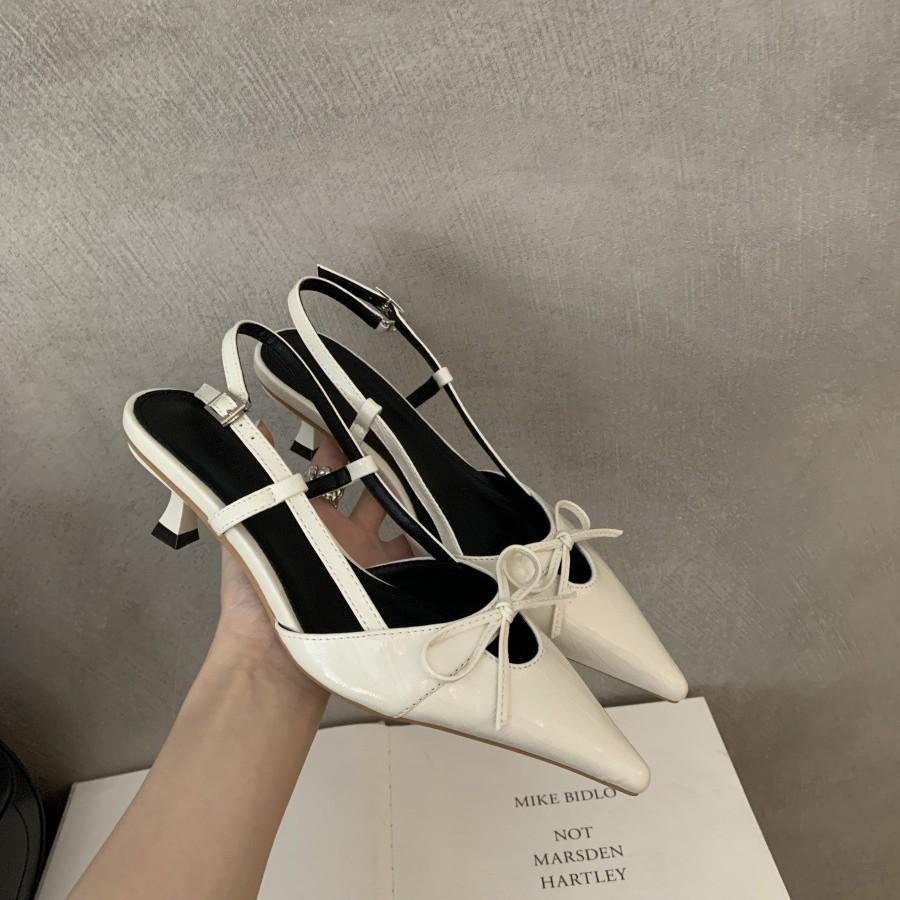 2025 spring new French small heel thin heel pointed bow bag head sandals with skirt hollow women's shoes