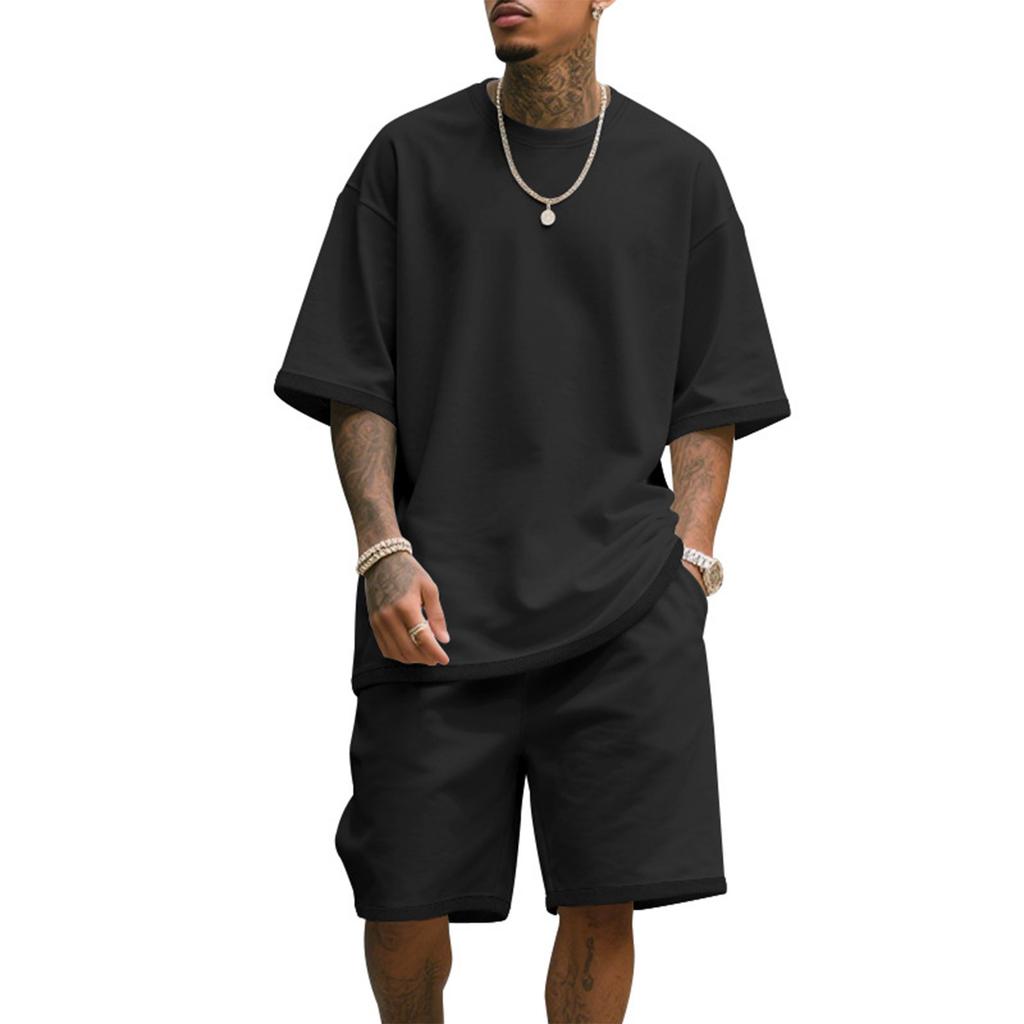 Men'S Color Casual Round Neck Short Sleeved Shorts Two-Piece Set