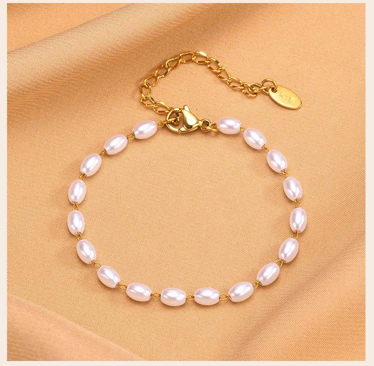 Pearl Bracelet 18k Gold Plated, Stainless Steel Chain Adjustable Friendship Gift for Women