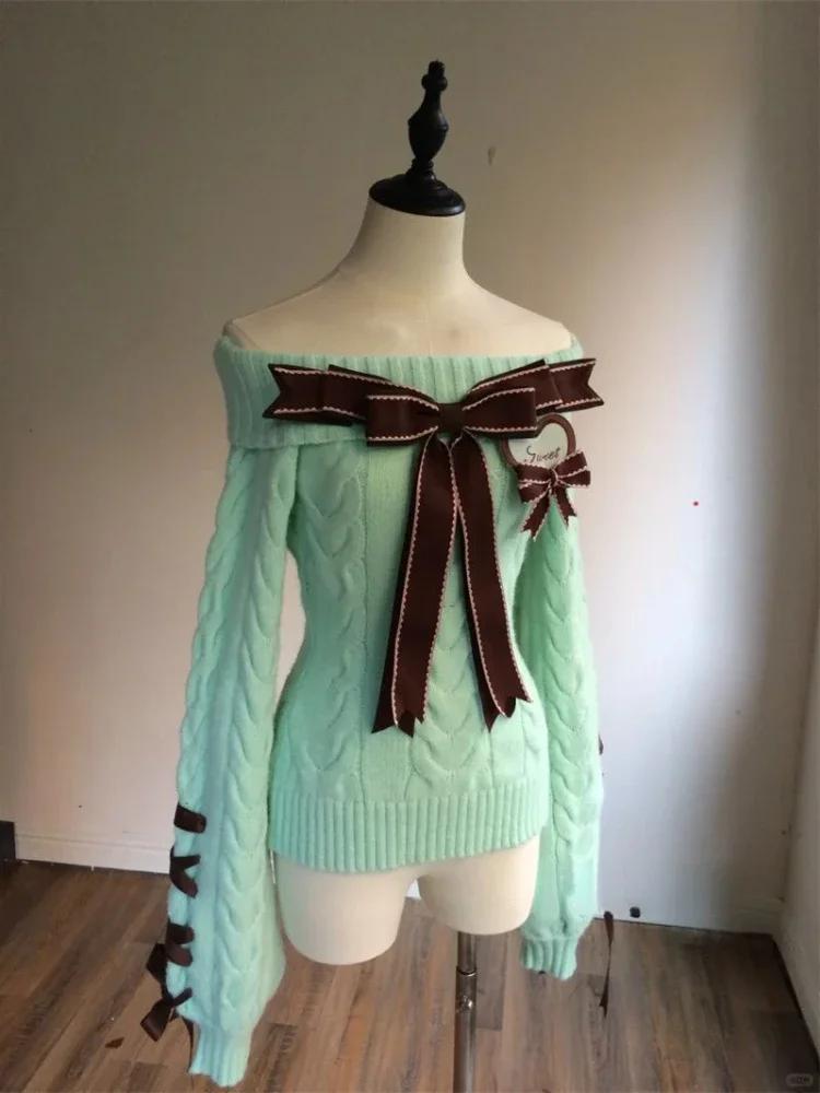 Осень-зима Милый сексуальный вязаный свитер с открытыми плечами Y2k E-girls Slim Fit Джемперы Повседневный длинный рукав Корейская мода Пуловеры S зелёный 3609₽