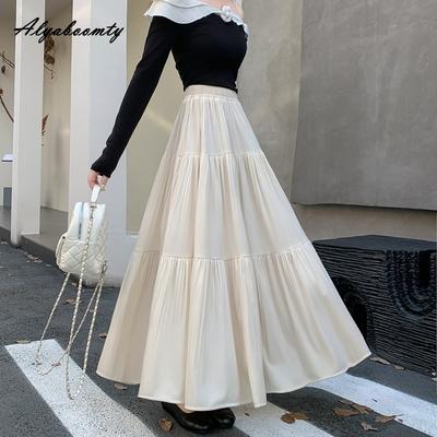 Korean Fashion Autumn Winter Women Velvet Skirt Elastic Waist Black Beige Brown Purple Midi Skirt Elegant Pleated Ladies' Skirts Womens