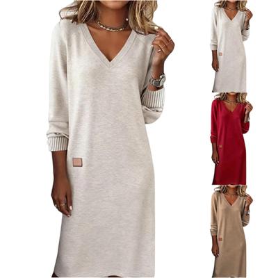 Vestido de Malha Feminino Casual de Manga Longa para Primavera e Outono, Emagrecedor, Decote V, Comprimento Médio