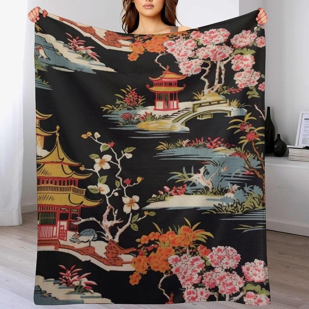 GUOYU Decke Überwurfdecke Chinoiserie Anthrazit Koralle Pagode Flanell Fleece Überwurfdecke Japanischer Asiatischer Stil Decke Pagode und Blume