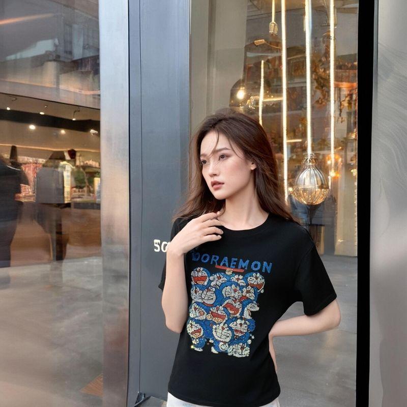 

[F601-F699] European Goods Heavy Embroidery Hot Drilling Cartoon T-shirt Tops Collection Ladies Loose 2025 Slimming round Neck F646 M(45.00 kg-75.00 kg)