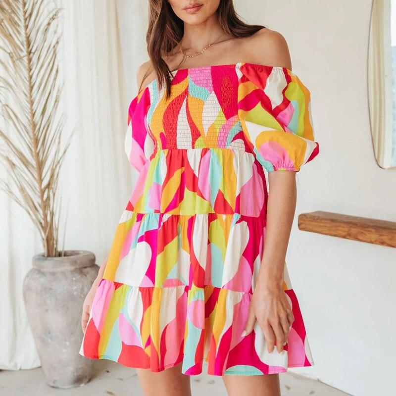 

Геометрическое короткое платье с принтом Женское летнее модное свободное платье с вырезом-лодочкой Сексуальное платье Свободное платье с рукавами-буфами Женское платье Robe Femme 25473 XXL орион