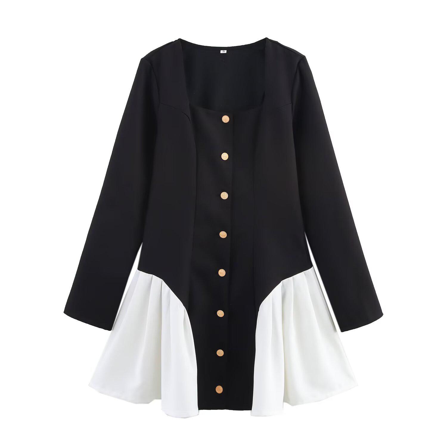 

Весна 2025 Женское Европейское и Американское Платье с Цветным Блоком и Воланами по Подолу, с Длинным Рукавом Medium чёрный