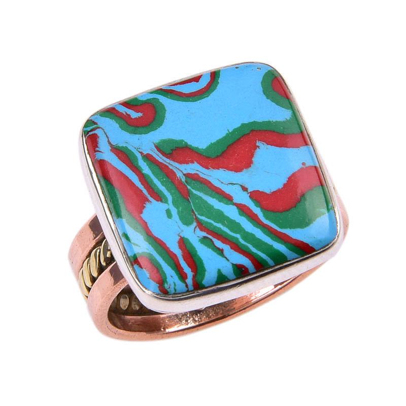 Natural Rainbow Calsilica Gemstone 925 Sterling Silver Two Tone Ring S.7.5 c0c86