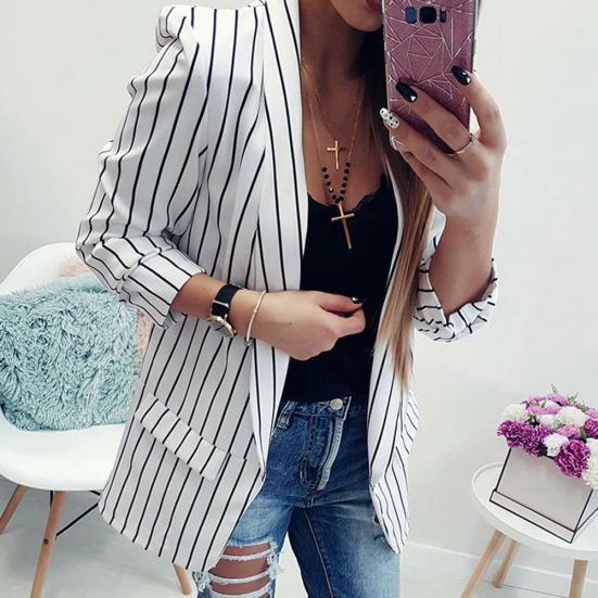 Fashion Autumn Women Stripe Lapel Long Sleeve Slim Fit Blazer Suit Jacket Coat