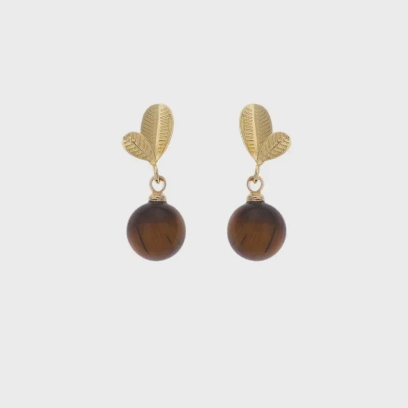 Retro Tiger Eye Stone Earrings with Leaf Design - Light Luxury Niche Maillard Design Celebrity Style